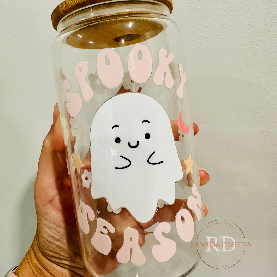 Spooky Season Ghost 16 oz Glass Can Cup