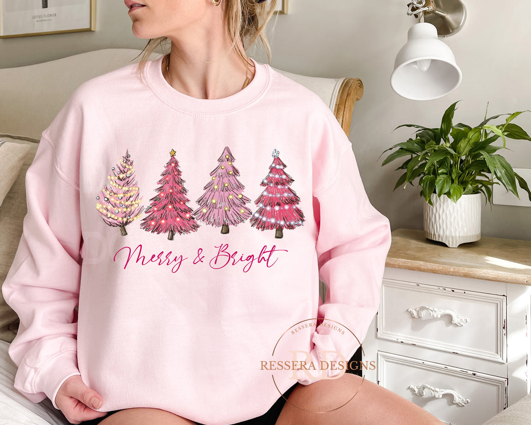 Merry & Bright Pink Christmas Trees - Screen Print Transfer
