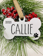 Load image into Gallery viewer, Personalized White Acrylic Christmas Dog Bone Ornament
