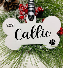 Load image into Gallery viewer, Personalized White Acrylic Christmas Dog Bone Ornament
